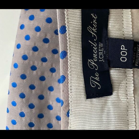 J. Crew Tan Blue Polka Dot The Pencil Skirt Mini Size 00 Petite - Picture 9 of 10